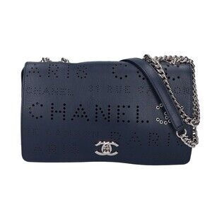 CHANEL A50299 No. 27 Perforated Logo Single Flap Chain Bag Navy Shoulder - Wo...